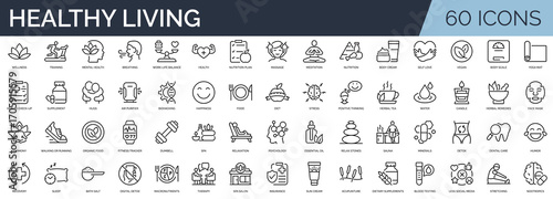 Set of 60 outline icons related to healthy living, well-being. Linear icon collection. Editable stroke. Vector illustration