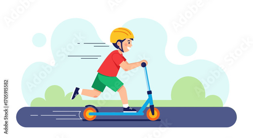 Enthusiastic Youngster Joyfully Riding Electric Scooter, Achieving Swift Movement Outdoors