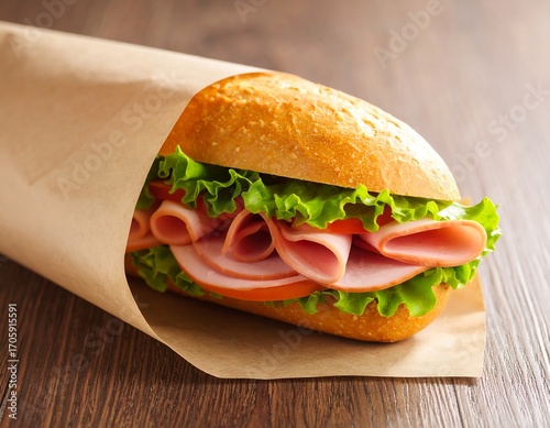 Fresh ham sandwich in brown paper