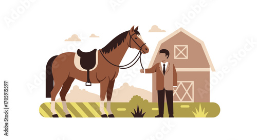 Equestrian Scene of Horse and Handler, Set Against a Rustic Barn Background