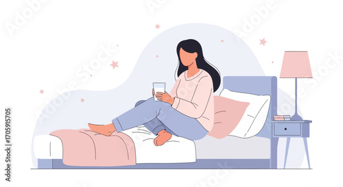 Evening Serenity: A Woman Relaxing In Bed With A Glass Of Water, A Peaceful Moment