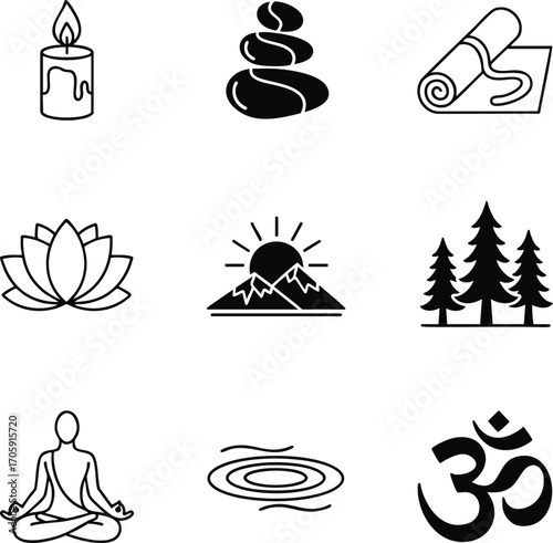 Collection of minimalist yoga and meditation icons. Symbolic of mindfulness, wellness, and spirituality