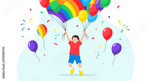 Excited Child Holding Colorful Balloons Celebrating Joyful Moments And Positive Vibes