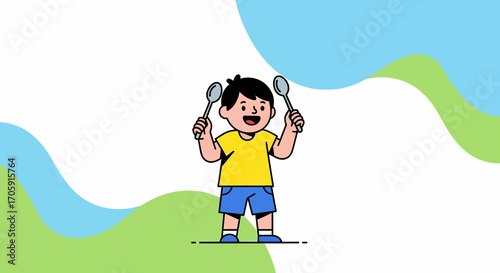 Excited Child Holding Spoons With Joyful Expression In Beautiful Conceptual Design