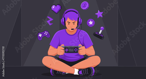 Gamer Concentrated In A Dark Environment With A Controller And Decorative Elements