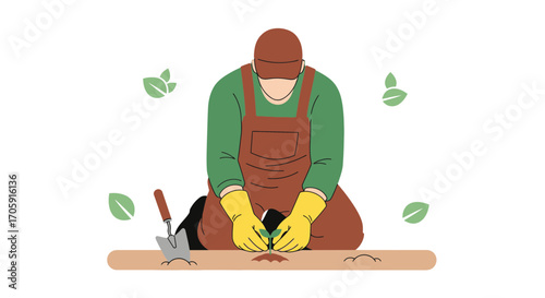 Gardener Gently Tending to Fragile New Sprouts in a Serene Illustration