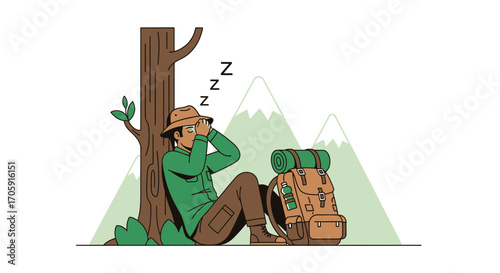 Exhausted Hiker Napping Peacefully Against a Tree Near Backpack and Mountains