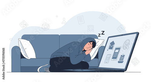 Exhausted Individual Snoozing Near Laptop Depicting Digital Workspace and App Icons