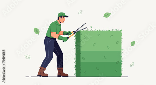 Gardener Man Clipping a Green Hedge Using Shears for Trimming the Bush Perfectly