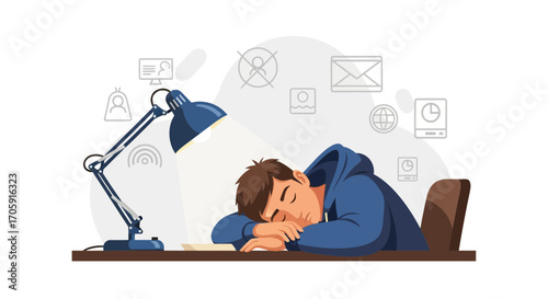 Exhausted Student Sleeping At Desk Under Lamp Illustration With Electronic Icons