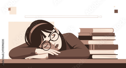 Exhausted Student Resting On Desk After Studying, Conceptual Illustration Depicting Weariness