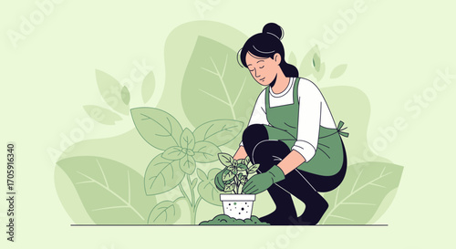 Gardener Planting New Herbs In The Earth With Care And Patience