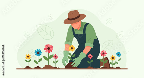 Gardener Planting Colorful Blossoms in a Serene Garden Landscape Illustrative Scene