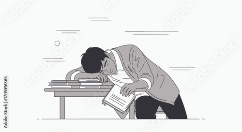 Exhausted Student Napping On Desk Amongst Books And Papers Depicting Procrastination Or Overwork
