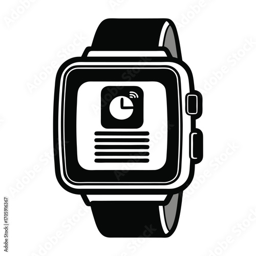 Monochrome illustration depicts a smartwatch displaying the time and signal icon on transparent backdrop