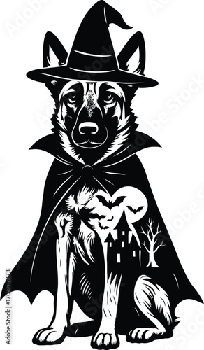  Belgian Malinois guard dog in Witch Costume Silhouette