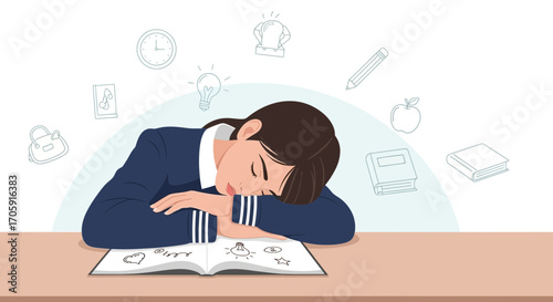 Exhausted Student Sleeping On Desk Surrounded By Educational Icons, Dreaming Of Ideas