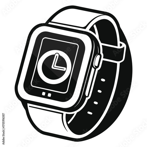 Monochrome shows a modern smartwatch with analog clock face against a transparent background