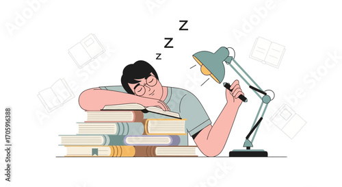 Exhausted Student Snoozing On Books With Lamp And Pen Suggesting Intense Study Session