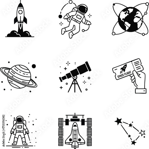 Collection of vector space exploration icons. Concept for space travel, science, and cosmos