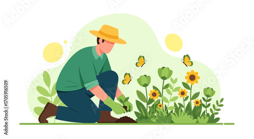 Gardener Tending Floral Blooms Surrounded By Fluttering Butterflies In A Serene Setting