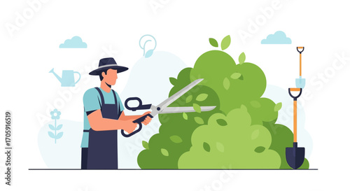 Gardener Trimming Green Bush With Huge Scissors In A Sunny Garden Scene