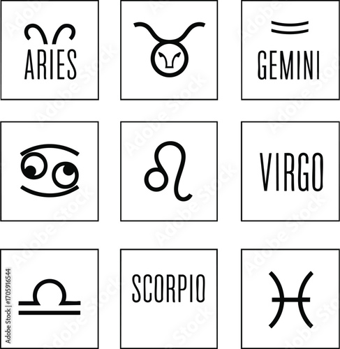 Collection of zodiac signs in a minimalist style on a white background. Representing astrology, horoscope, and mystical beliefs