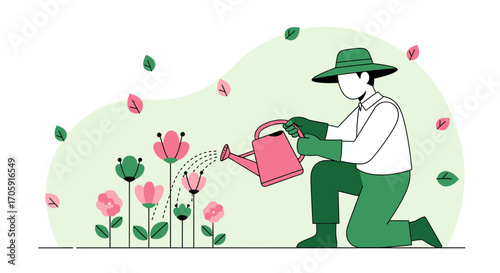 Gardener Watering Blooming Flowers In A Beautiful Garden During Springtime Season