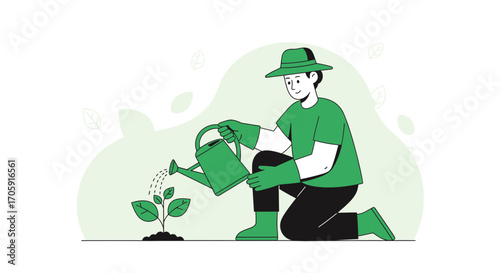 Gardener Watering a Young Plant in a Green Outfit with a Gentle Smile and Caring Attitude