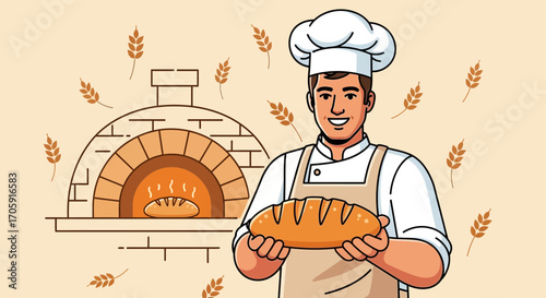 Expert Baker Proudly Presenting Freshly Baked Breads from Traditional Brick Oven