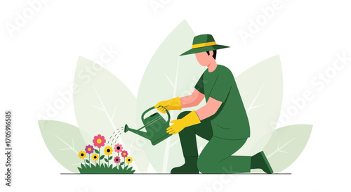 Gardener Watering Colorful Flowers in a Garden with Greenery Illustrations of Plants
