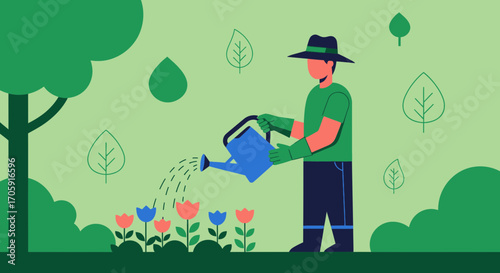 Gardener Watering Flowers In A Beautiful Garden With Various Green Elements