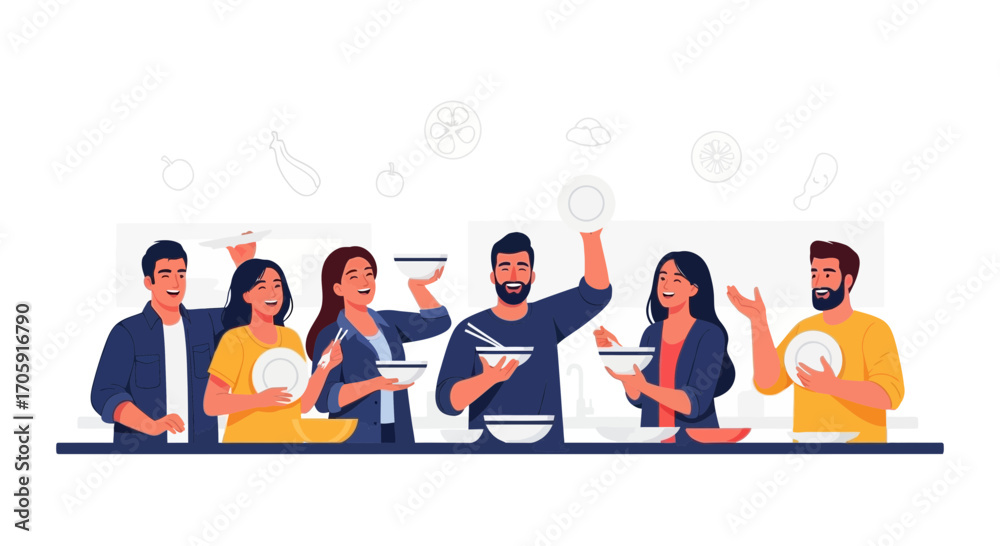 Obraz premium Gathering Of Friends Enjoying Bowls And Plates In Cheerful And Vibrant Illustration