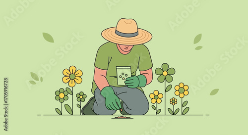 Gardening In The Meadow Sowing Seeds Among Beautiful Flowers Fresh Illustration