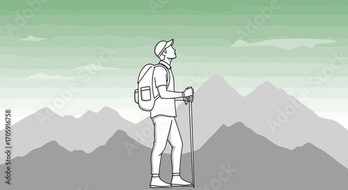Explorer Contemplates Vantage Point of Mountain Range in Black and White Illustration