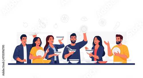 Gathering Of Friends Enjoying Bowls And Plates In Cheerful And Vibrant Illustration