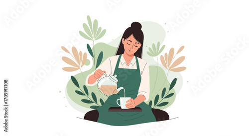 Gentle Woman Pouring Tea Into Mug Amongst Decorative Floral Elements