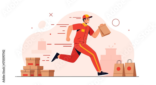 Express Delivery Courier Delivering Package Quickly Running Towards The Destination Point