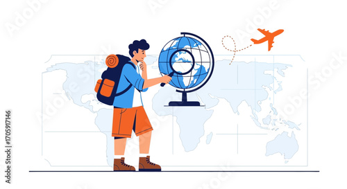 Exploring The World: Traveler Examines Globe While Planning Flight Adventure, Conceptual