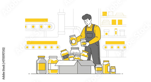 Factory Worker Inspecting Jars of Preserved Food Products and Packaging Them Effectively
