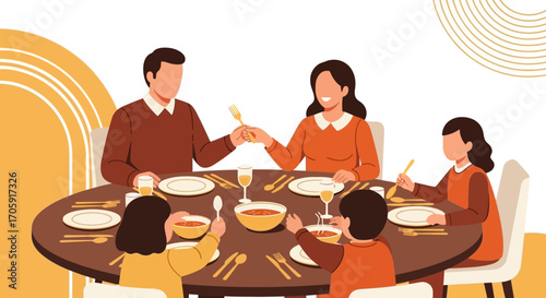 Family Dinner Scene: Illustration of a Meal Shared Around Round Table in Warm Tones