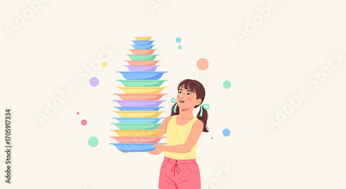 Girl Balancing Colorful Stack of Plates: Illustration of Focus and Responsibility