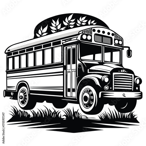 Retro bus silhouette with leaves atop cruises over grassy landscape against a white background