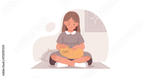 Girl Comforting Golden Cat, Showing Devotion With Expressive Peaceful Illustration