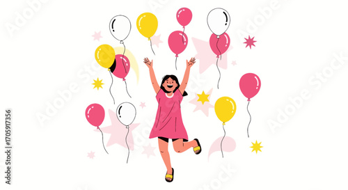 Girl Celebrating Amongst Balloons, Joyful Moment, Happy Child Dancing, Joyful, Celebration