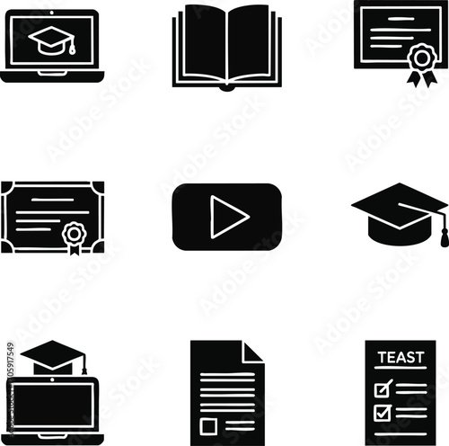 Education-themed vector illustration set featuring icons of online learning, graduation, and testing