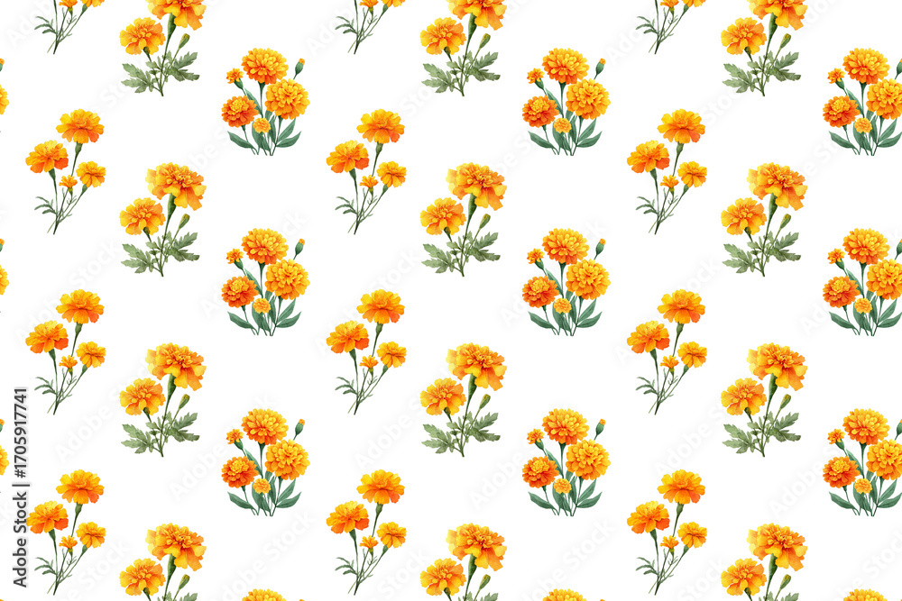 Obraz premium Floral pattern with orange marigold flowers. Marigold flowers with green sprouts and leaves. Watercolor floral prints. Seamless pattern with watercolor flowers.