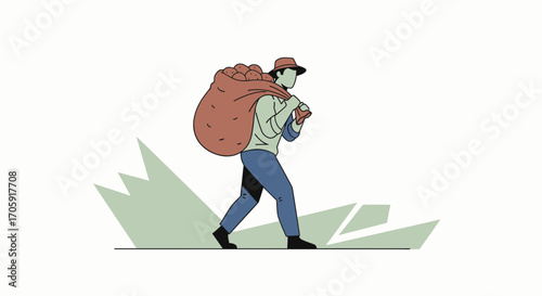 Farm Worker Carrying a Sack of Harvested Potatoes Walking, Agriculture Vector Illustration