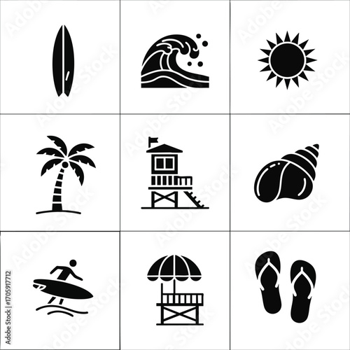Essential black and white vector icons for beach and summer. Features surfboard, wave, sun, palm tree, and lifeguard stand