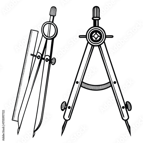 Two drawing compasses are featured side by side in a stark, bold outline